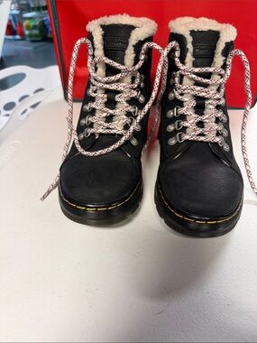 Dr. Martens Black Leather Lace-Up Shearling Trim Boots